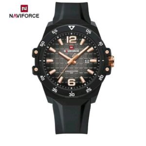 NAVIFORCE NF7122 BRGB Men’s Sport Quartz Watch | Grid Pattern Black Dial & Rose Gold Accents with Black Silicone Strap