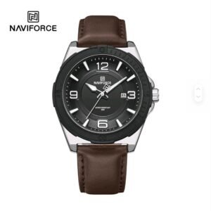 NAVIFORCE NF8084 SB Men’s Quartz Watch | Black Dial, Silver Bezel & Brown Leather Strap
