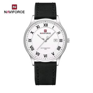 NAVIFORCE NF9290 SWB Men’s Dress Quartz Watch | White Dial with Roman Numerals, Silver Case & Black Leather Strap