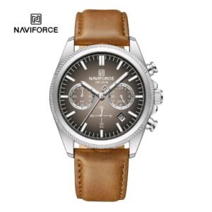 NAVIFORCE NF8082L SGYBN Men’s Quartz Chronograph Watch | Sunray Grey Dial, Coin-Edge Silver Bezel & Stitched Light Brown Leather Strap