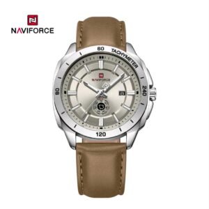 NAVIFORCE NF9269 SCGYLBN Men’s Quartz Watch | Champagne Dial with Day-Date Sub-Dial, Silver Tachymeter Bezel & Light Brown Leather Strap